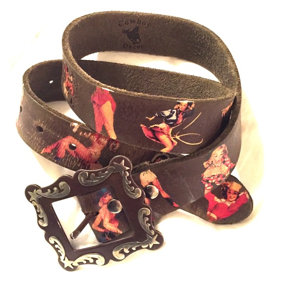 Pin up girl decorated brown leather belt