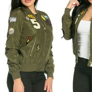 OLIVE BOMBER JACKET WITH PATCHES