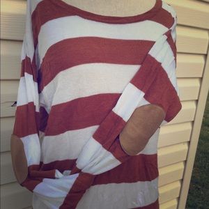 Brown and white striped sweater with elbow pads