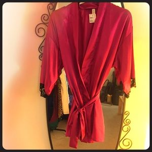 Sexy hot pink satin and black lace robe