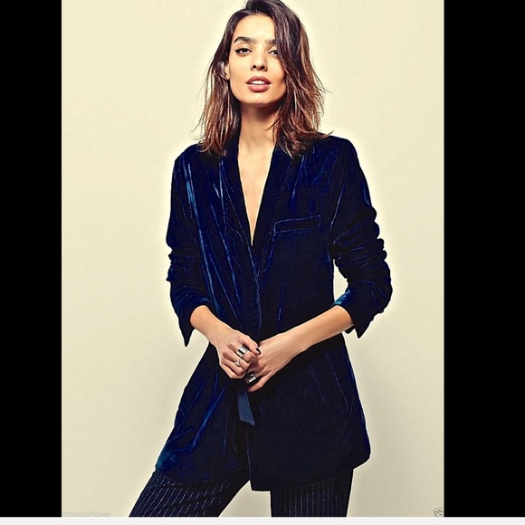 Free People teal blue Slouchy Velvet Blazer S - Picture 2 of 4