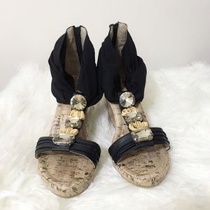 Black Chiffon Jewel Wedge Sandals