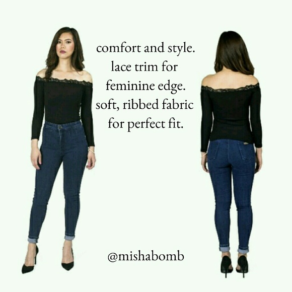 Black lace trim off the shoulder long sleeve top - Picture 2 of 4