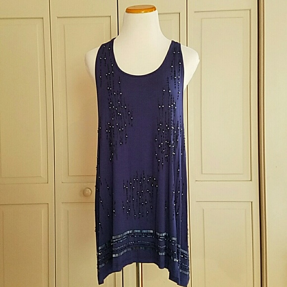 Beaded Sleeveless Long Blue Top
