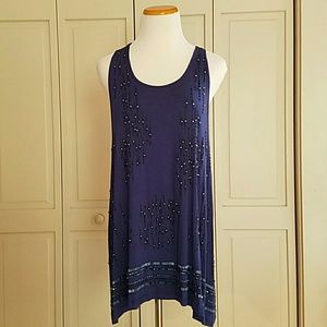 Beaded Sleeveless Long Blue Top
