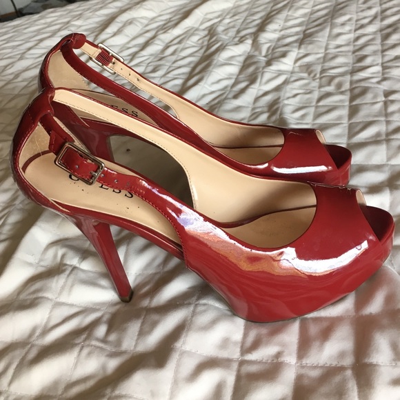 Red patterned leather peep toe heels