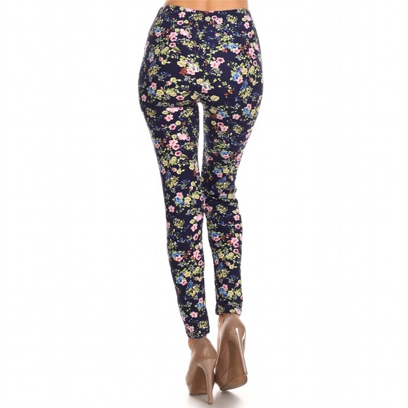 Navy Floral Print High Rise Leggings - Picture 3 of 4