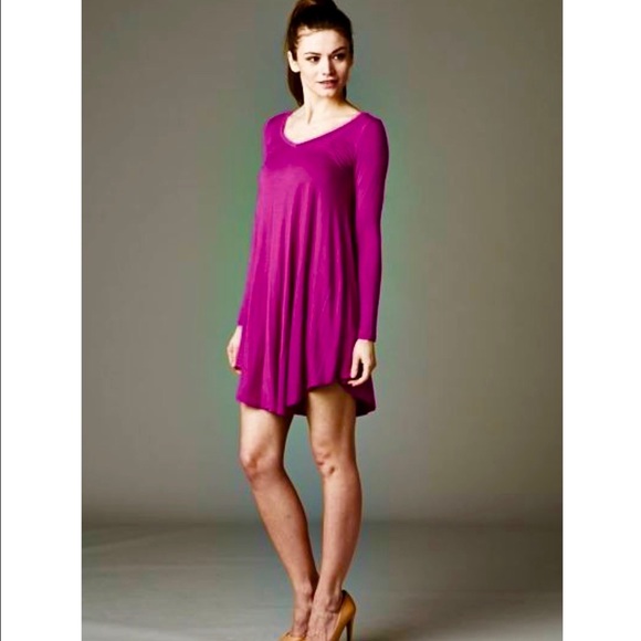 LAST // Magenta V Neck Tunic Boho Dress - Picture 3 of 4