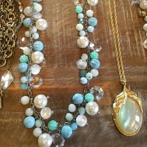 Long semi precious stone and pearl necklace