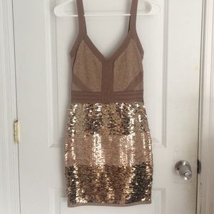Gold Bebe Bandage Dress With Sequins