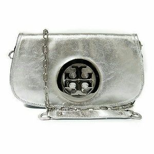 Authentic Tory Burch pebbled metallic Reva clutch