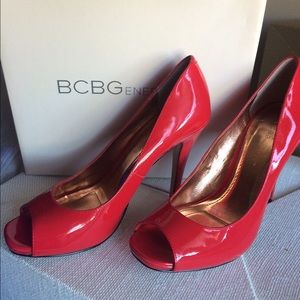 BCBG red patent leather peep toe pump