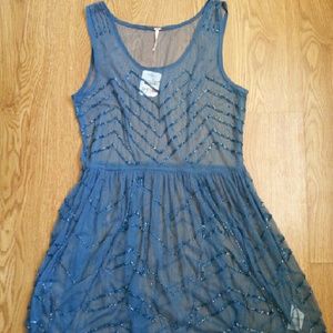 NWT Free people Small blue sheer beaded mini dress