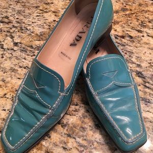 Turquoise patent Prada loafers