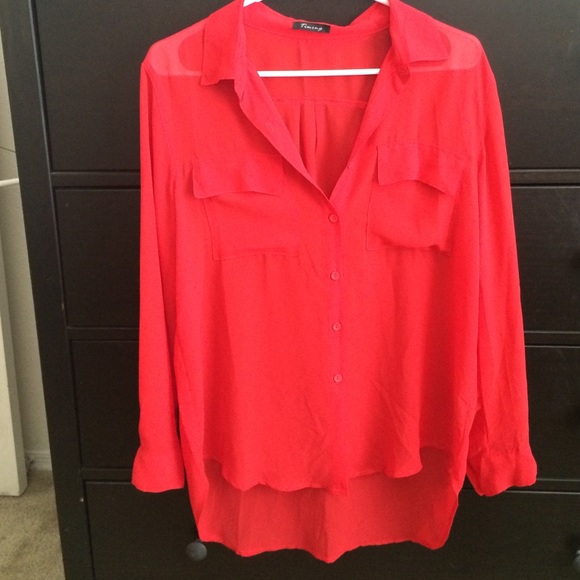 Sheer red collared long sleeve top with pockets