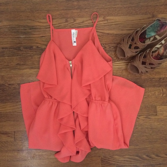 Coral Ruffled Dress with Zipper Accent