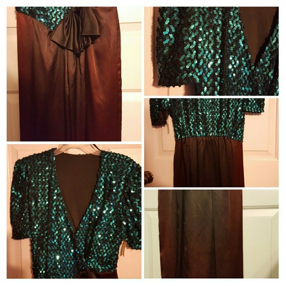 Dark mauve and green sequin top evening gown - Picture 2 of 4