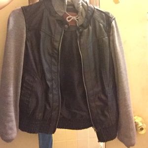 black leather / gray hoodie