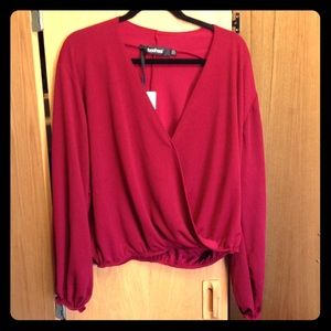 Crimson wrap front blouse