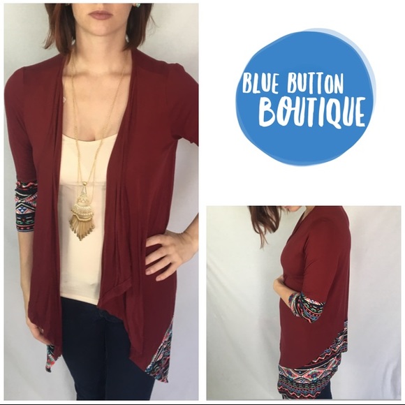 Burgundy Cardigan with Aztec Print Detail - Picture 1 of 2