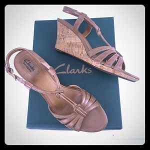 Clarks Bendables Beige Leather Cork Wedge Sandals