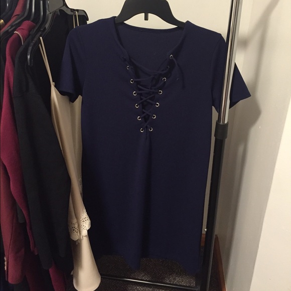 Navy Lace Up Deep V Dress