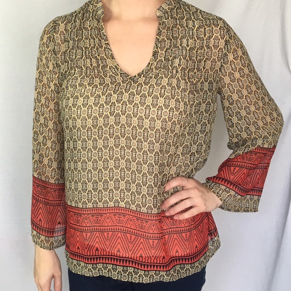 Black and Tan Blouse w/Red Accents - Picture 2 of 4