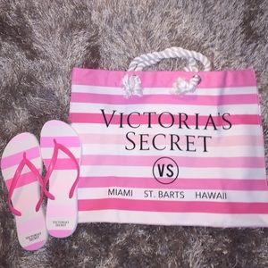 Victoria's Secret beach bag and flip flops.