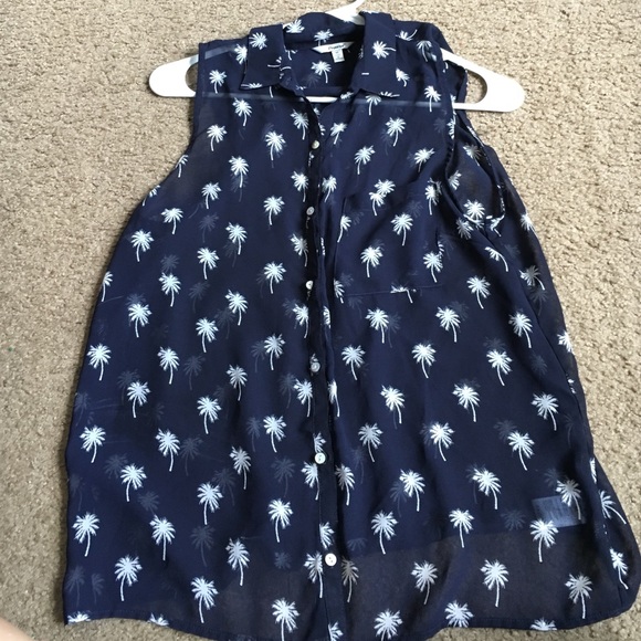 Navy palm tree collared shirt