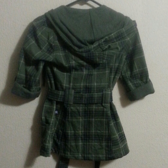 Army Green Plaid Button Up Belted Hoodie - Picture 2 of 4