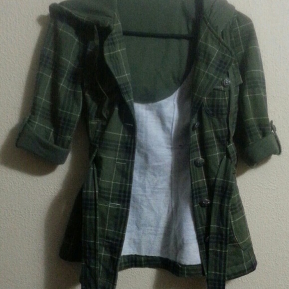 Army Green Plaid Button Up Belted Hoodie - Picture 4 of 4