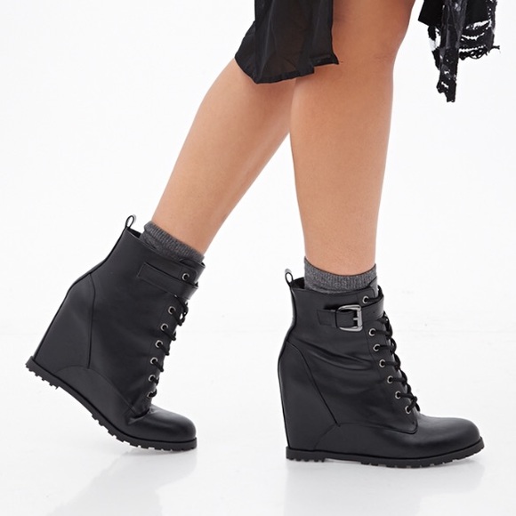 Black lace up wedge combat Moto booties brand new