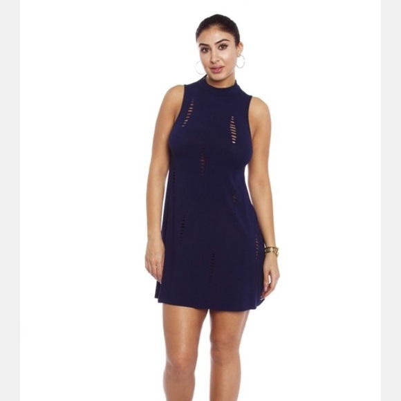 Blue Ribbed Sleeveless Laser Cut Dress