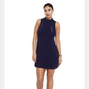 Blue Ribbed Sleeveless Laser Cut Dress
