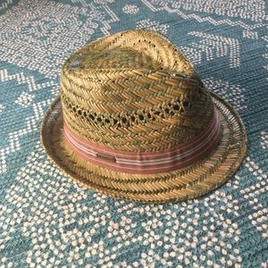 Olive Basketweave Fedora with Stripe Ribbon