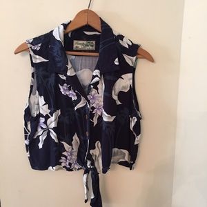 Vintage Hawaiian Print Button Up Cropped Blouse