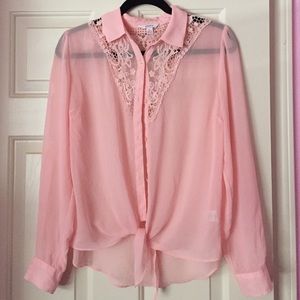 Soft Pink Lace Button Down Blouse