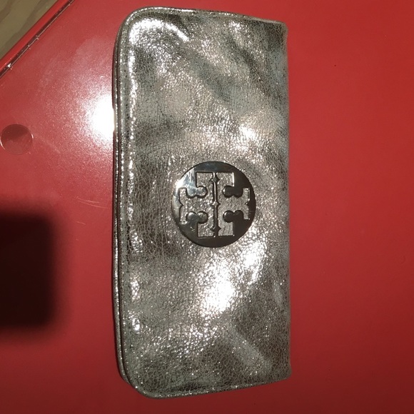 Metallic silver Tory Burch clutch with suede