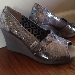 Silver Sequins TOMS wedges size 6