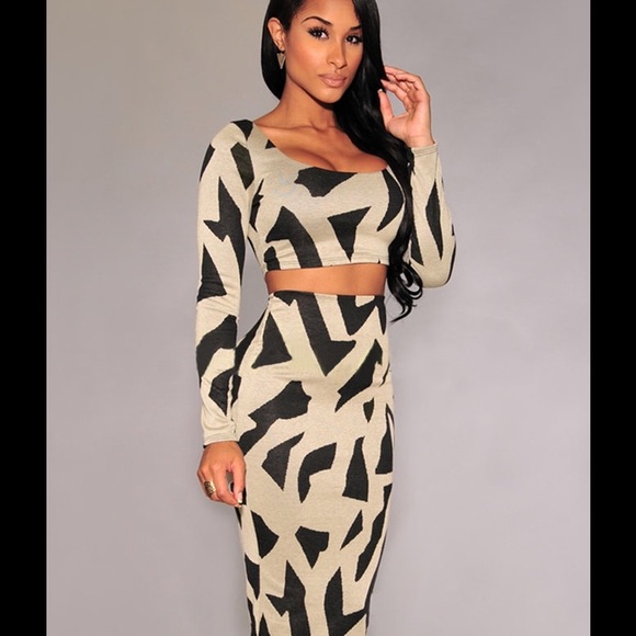 Two-Piece Taupe Print Skirt Set