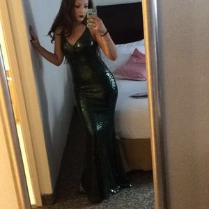 Dark, emerald green sequined evening gown