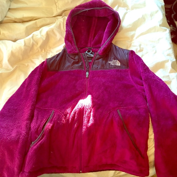 Maroon/purple north face with hood (soft fleece).