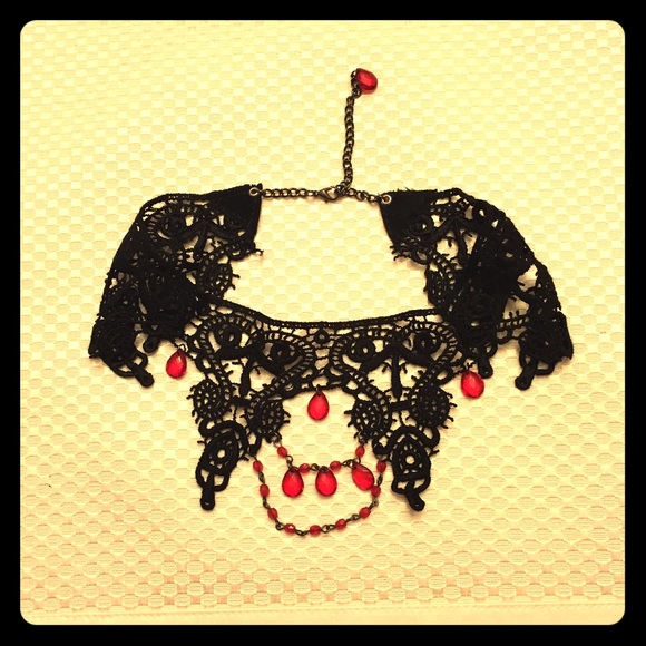 Black Lace and Red Bead Choker Necklace