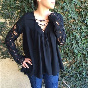Black embroidered lace up top