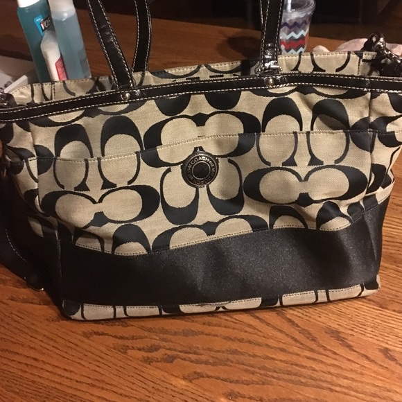 Black and grey coach diaper bag