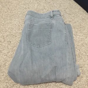 Grayish straight leg jeans.