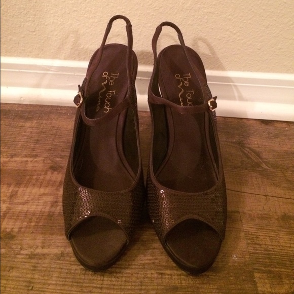 Brown sequin peep toe heels