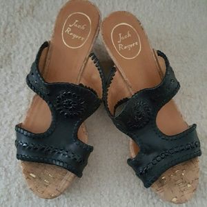 ☇ Sale Jack Rogers Emilia Black Leather Wedges