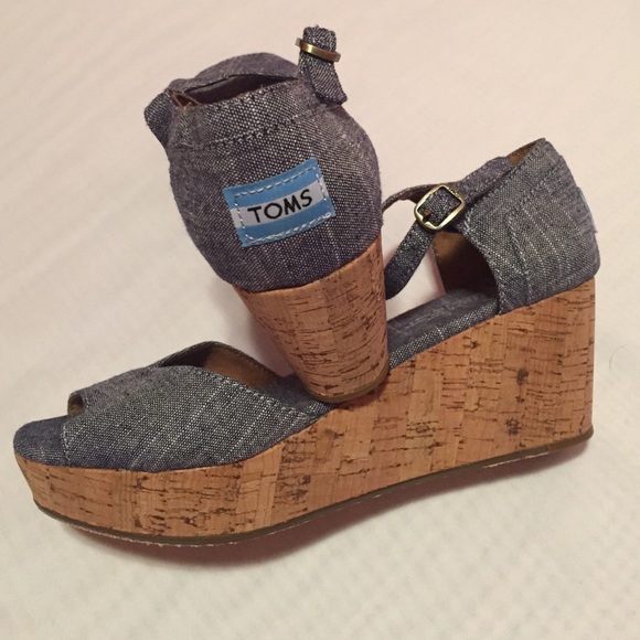 TOMS Shoes - TOMS Chambray Denim Cork Wedge Sandals. km