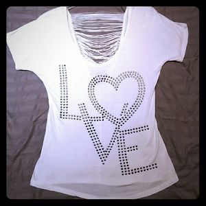 White jeweled LOVE scoop neck tee